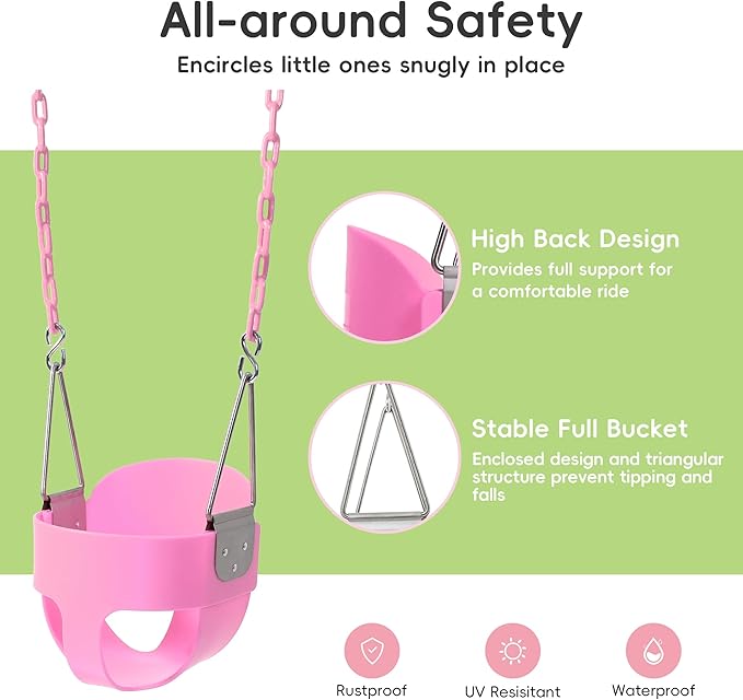 Take Me Away Pink Swing Seat - Heavy Duty High Back Full Bucket Toddler Swing Seat Chain Plastic Coated Baby Swing Outdoor - Playground Swing Set Accessories Replacement