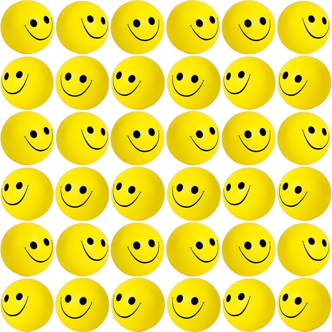 96 Pack Smile Face Stress Balls Bulk 2 Inch Funny Face Stress Relief Balls Yellow Mini Squeeze Balls Foam Smile Face Toys for Finger Exercise, School Prizes, Party Bag Fillers