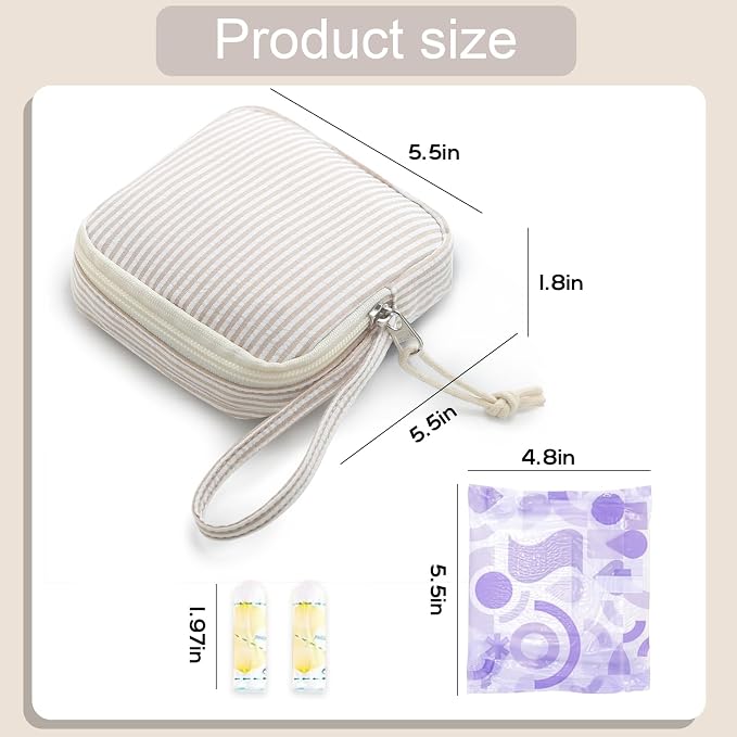 Corduroy Period Pouch for Women, Cute Sanitary Pad Pouch with Zipper, Portable Tampon Holder for Purse, Sanitary Napkin Storage Bag for Travel (Stripes Brown White)
