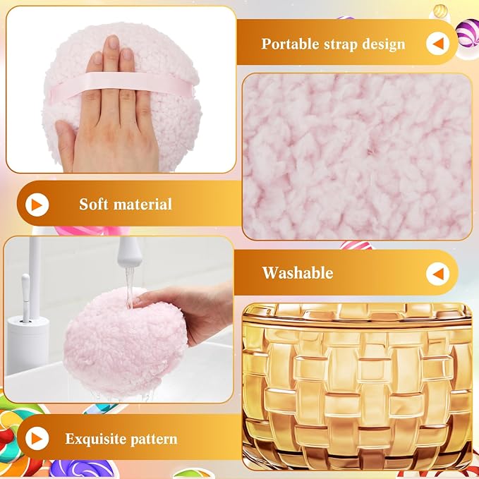 Tioncy 2 Pcs Extra Large Dusting Powder Puff and Container for Women-6'' Glass Crystal Dusting Powder Container with Body Soft Washable Reusable Velour Face(Amber,Weave Design)