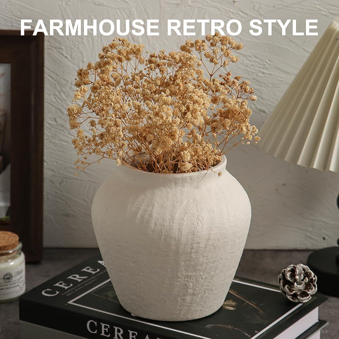 Farmhouse Ceramic Vase - White Rustic Vintage Flower Vase for Home, Living Room, Shelf and Dining Table Decor-6.1IN.