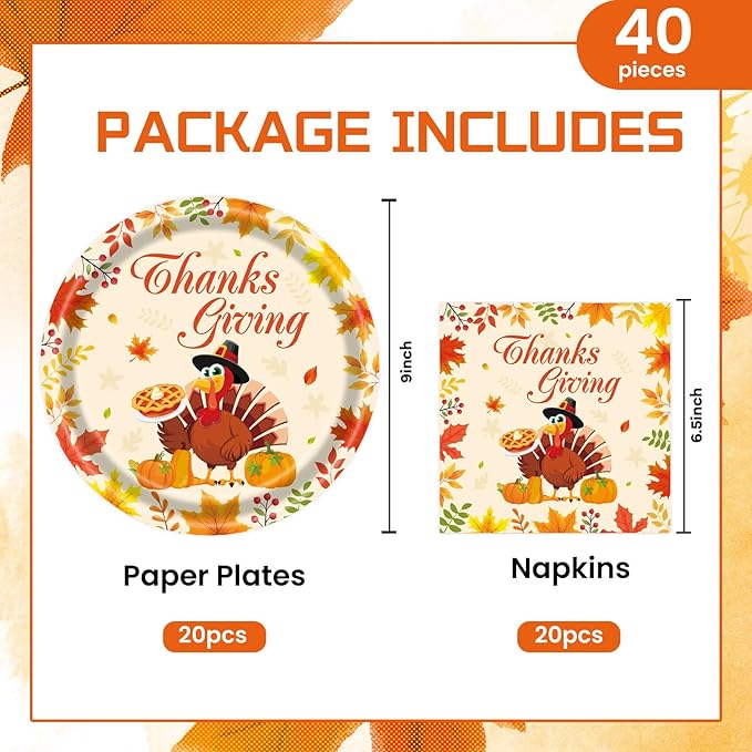 40Pcs Thanksgiving Paper Plates and Napkins Party Supplies, Disposable Fall Turkey Plates Napkins Dinnerware Set for Autumn Theme Friendsgiving Party Decorations