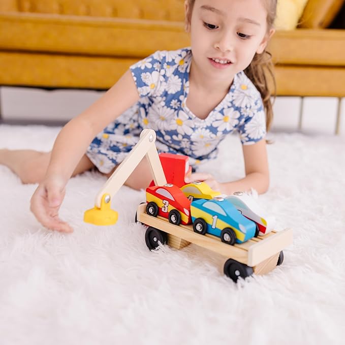 Melissa & Doug Magnetic Car Loader Wooden Toy Set with 4 Cars and Toy Truck - Pretend Play and Race Car Fun for Preschool Toys, Ages 3+