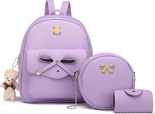 MACCINELO Cute Leather Mini Backpack Purse for Women Bowknot Small Backpack for Girls gift Rucksack Ladies Shoulder Bag 3pcs