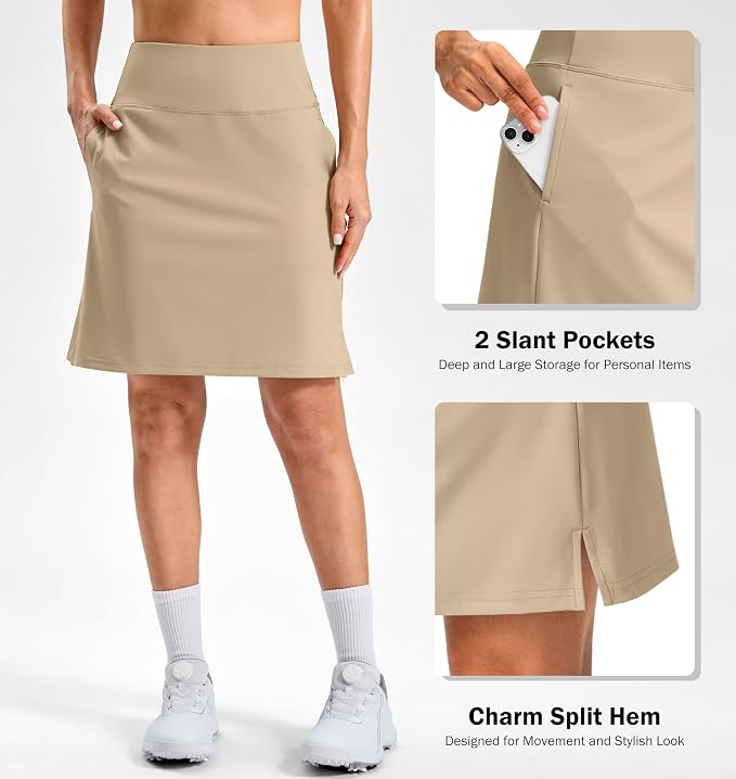 20" Skorts with 3 Pockets | Knee Length, High waisted, Slit Side, Casual, Summer, Travel, Athletic, Tennis, Golf, Skirts for Women