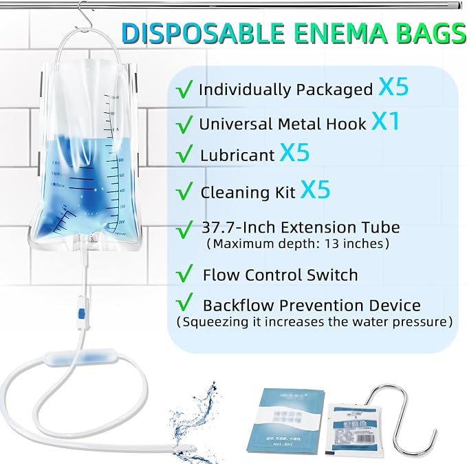 5Pack 1000ML Enema Cleaning Douche System，Travel Enema Kit for Colon Cleansing，Douche Enema Kit for Women & Men with Metal Hook,with 37.7in Hose Disposable Enema Bag Set