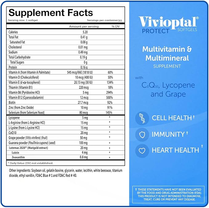 Vivioptal for Men, 30 Capsules, CoQ10, Lycopene & Resveratrol, Multivitamin & Multimineral, Gluten Free, German Formula
