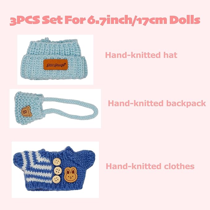 Clothes for 17cm Dolls, Clothes Set for 17cm Doll, Crochet 3 Piece Set Hat Clothes Backpack for Doll, Stylish Adorable Dolls Clothes Accessories (No Doll) (Blue)