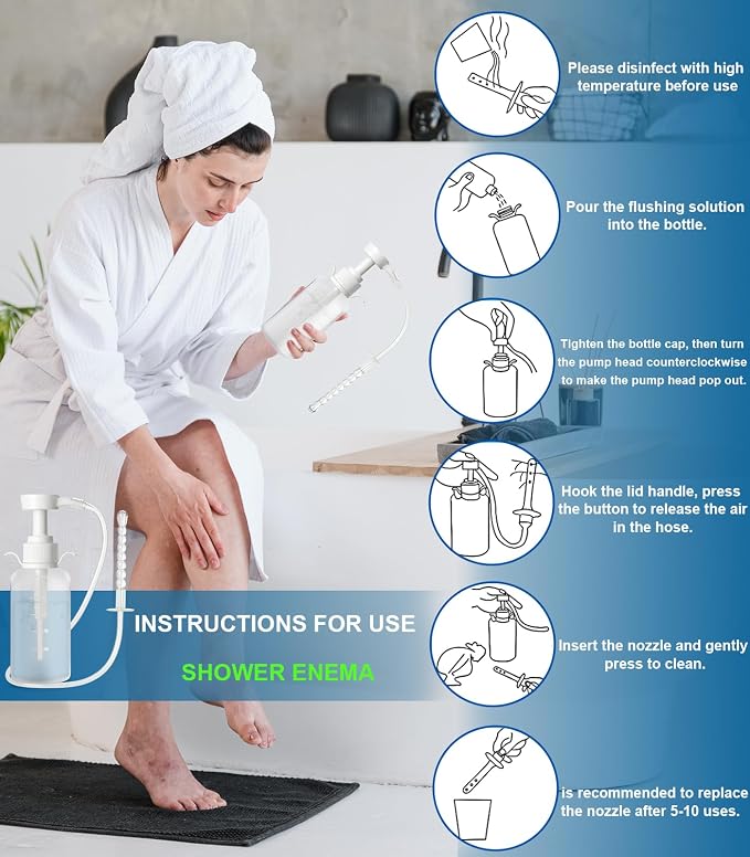 Enema Kit Douches for Men - 330ml Anti Back-Flow Design with Handle & 3 Nozzle Tips, Portable Rinse Bottle for Women