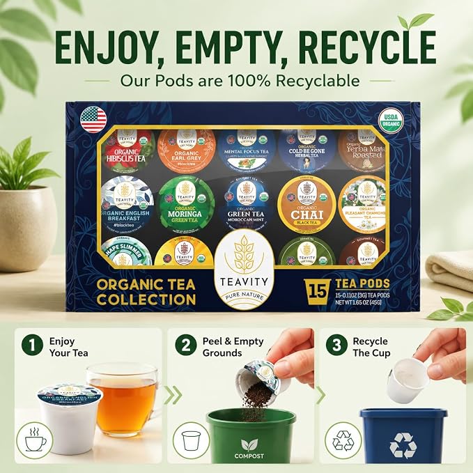 Organic Tea Pods Variety Pack - Assorted Sampler Pack Compatible for Keurig Brewer and Coffee Maker - Earl Grey, English Breakfast, Chai, Chamomile - Herbal Tea Pod for K Cup Keurig Brewing -15 count (Pack of 1) by Teavity