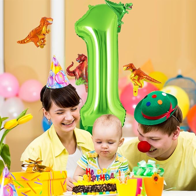 Dinosaur Green Number 1 Balloon, 40 Inch Big Large Foil Helium Green Number Balloon with 4 Pcs Mini Dinosuar, Dinosuar Mylar Balloons Set for 1st First Birthday Party Decorations Supplies