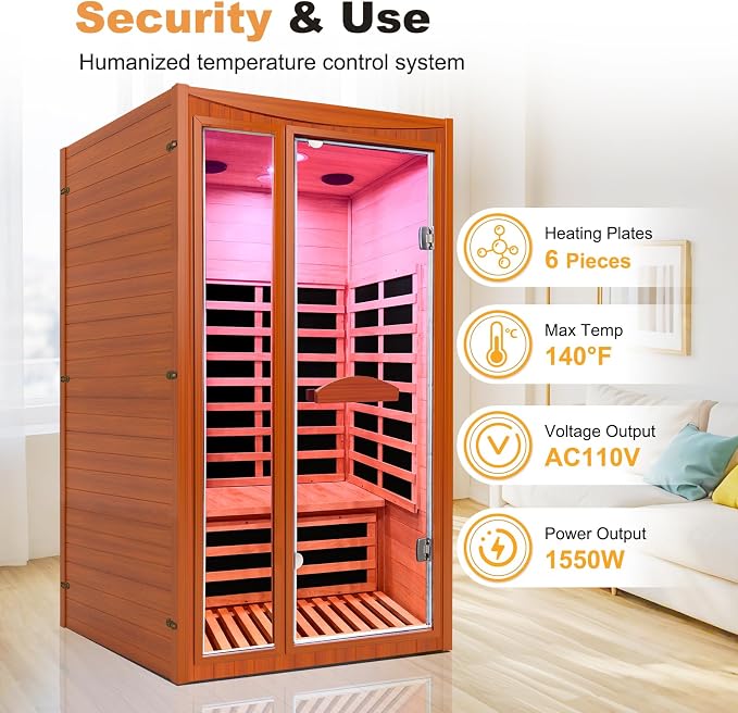 1-2 Person Home Sauna Low EMF Far Infrared Sauna with Red Light Bluetooth Speakers Indoor Dry Sauna 1550W 110V 39.37"x35.43"x74.8"