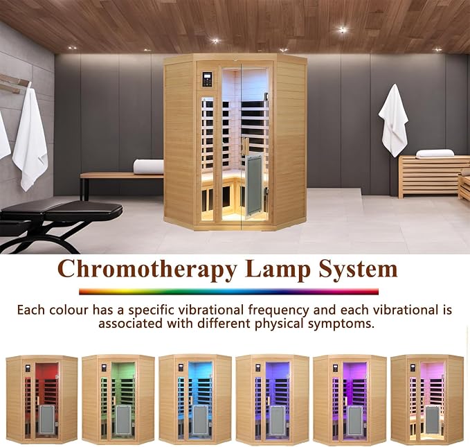 LTCCDSS 2-3 Person Corner Sauna, 8 Ultra Low EMF (0-5mG) Heaters, 1670W Hemlock Infrared Sauna, 1 Outdoor Lamp, 3 Color Lamps, 2 Read Lamps, 2 Bluetooth Speakers