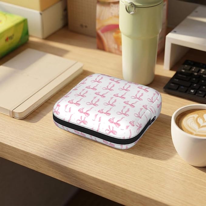 Pink Bow Ribbon Ribbon Bows Period Bag For Women,Portable Sanitary Napkin Period Pad Pouch For Purse, Small Make Up Bags