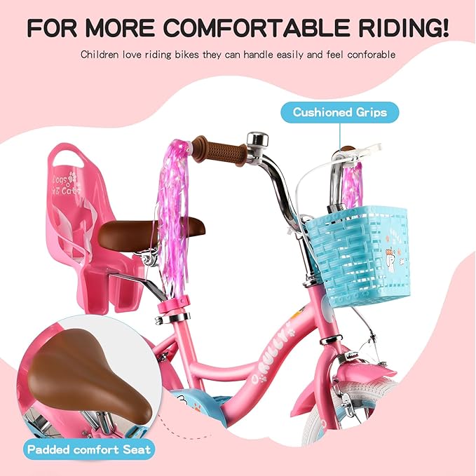 RULLY 12-16 Inch Girls Bike with Doll Seat Basket and Training Wheels for 2-6 Years Children