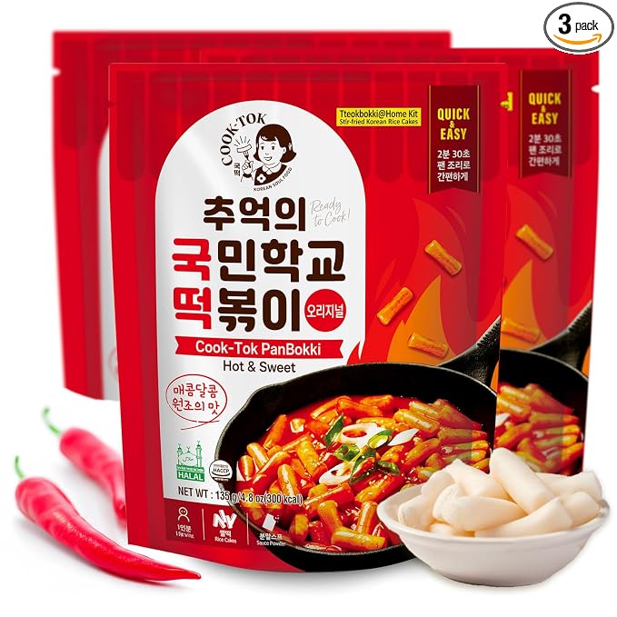 Korean Food Tteokbokki, Original Flavor, Rice Cake & Sauce Kit, 3 Pack Set | Complete Korean rice cake kit with traditional spicy sauce and easy preparation