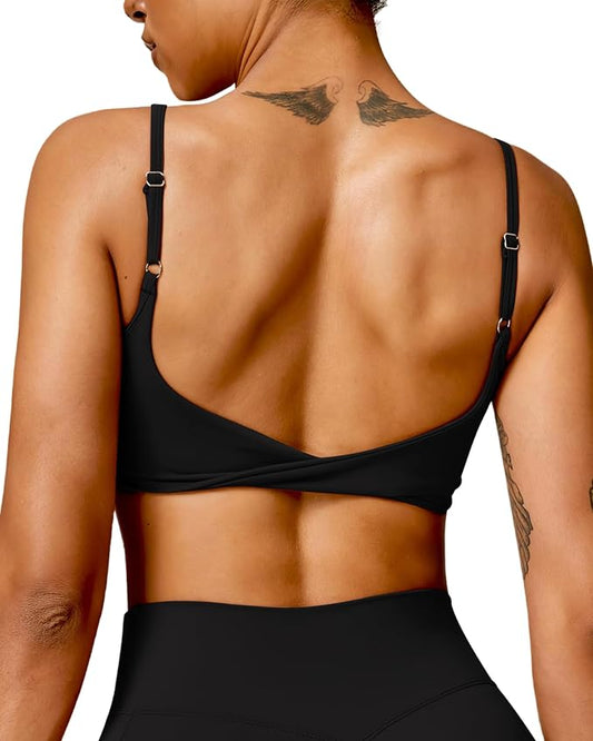 QUOJIZY Sports Bras for Women Open Back Workout Tops for Women Yoga Bra Spaghetti Straps Twist Back