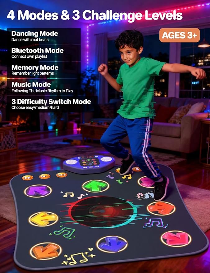 Dance Mat Toys for 3-12 Year Old Kids,Bluetooth Dance Pad with Light-Up 8 Keys,Interactive Dance Game with 4 Modes,Non-Slip & Built-in Music,Christmas Birthday Gift for Girls,Boys,Blue