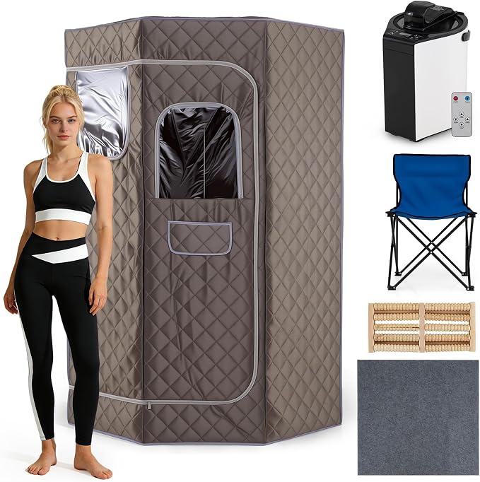 Giantex 3L Portable Steam Sauna, Fast-Heat Large Pentagon Sauna Box for Home, 9-Level Remote Control, 99-Min Timer, Folding Chair, Foot Roller, Mat, 35.5" x 35.5" x 71" Sauna Tent (Gray)