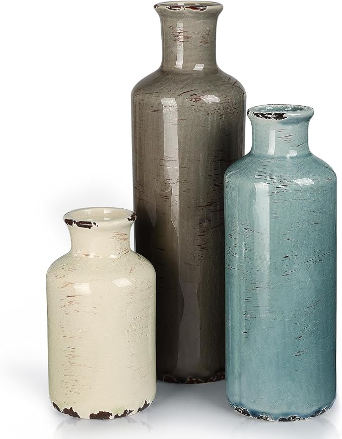 CUCUMI Ceramic Vases Set of 3, Rustic Vintage Vases Coastal Home Decor | Farmhouse Flower Vases Decor for Shelves, Ocean Beach Style, Mantle, Fireplace, Coffee Table, Shelf Decorations