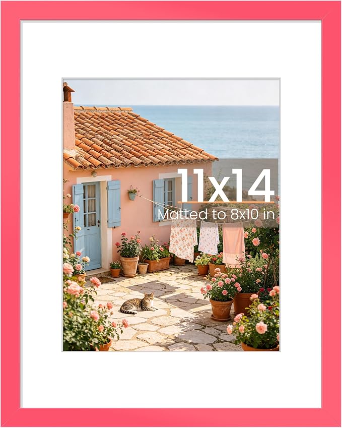 upsimples 11x14 Picture Frame, Display Pictures 8x10 with Mat or 11 x 14 Without Mat, Wall Hanging Photo Frame, Hot Pink, 1 Pack