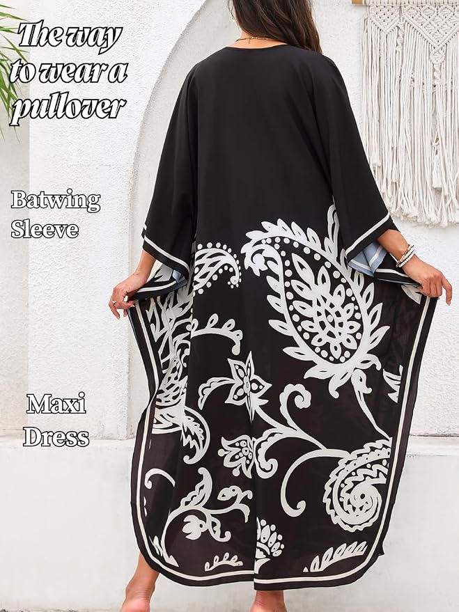 ChiaoLezhee Print Moo-Moos for Women, Kaftan Cover-Up Dresses, Sexy V-Neck High-Slit, Beach Pool-Party Coverups Muumuu Plus
