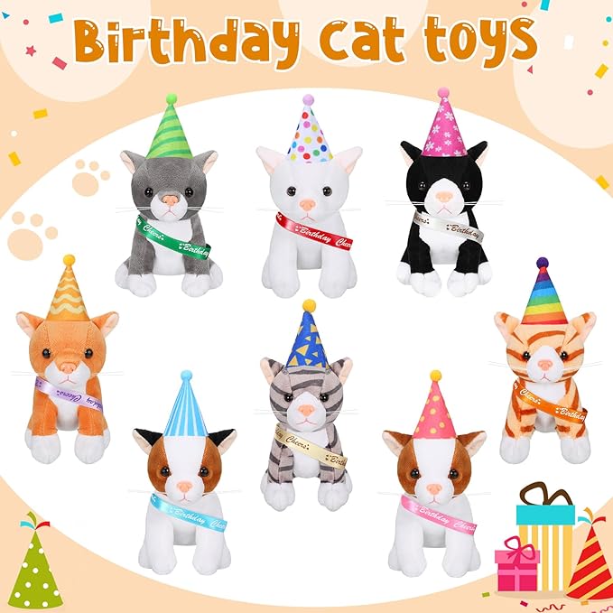 Sumind 8 Pcs Cat Stuffed Animals Bulk Plush Pets 5 Inch Cute Assorted Plush Cats Horse for Birthday Halloween Christmas Party Favors Favors(Cheers Cat)
