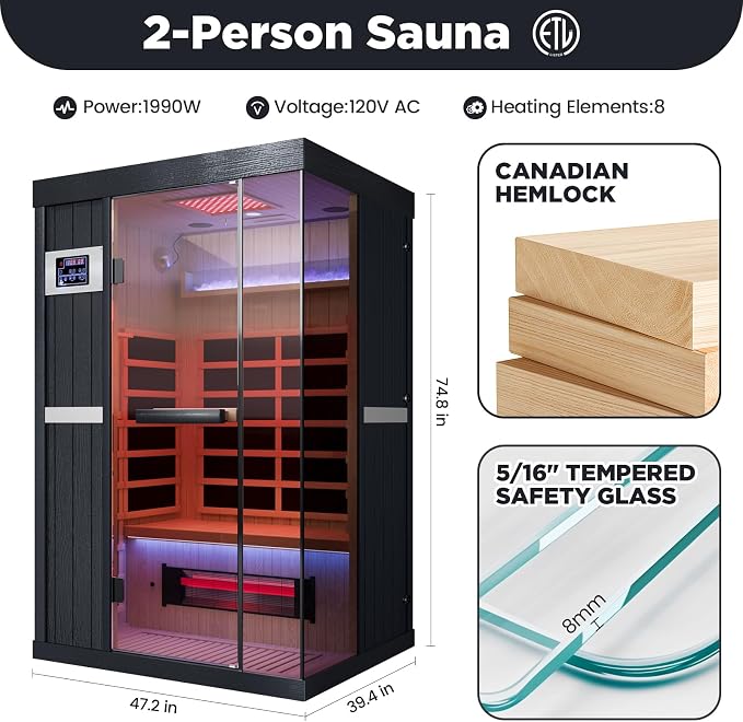 2-Person FAR Infrared Sauna for Home & Gym, Himalayan Salt Rocks Plus 12" * 12" Red Light Therapy & 2 Speakers, 1990W Canadian Hemlock Wood Indoor Dry Spa