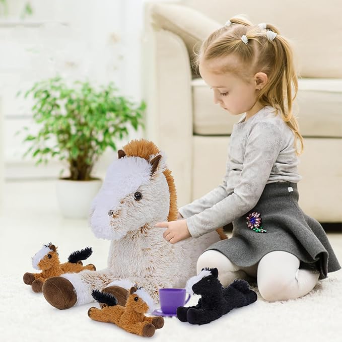 Tezituor 4Pcs Horse Stuffed Animal Set, 21inches Large Stuffed Mommy Horse with 4 Baby Pony Toys, Brown Stuffed Pony Plush Pillow for Boys Girls
