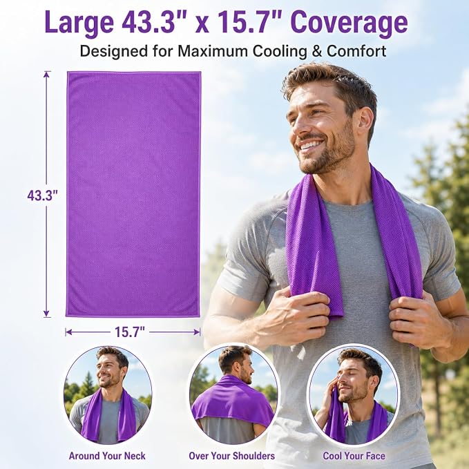 Cooling Towel for Neck and Face - 43.3" x 15.7" - Quick-Dry Microfiber - Ideal for Hot Weather, Gym, Fitness, Camping, Yoga, Run Gift - Purple