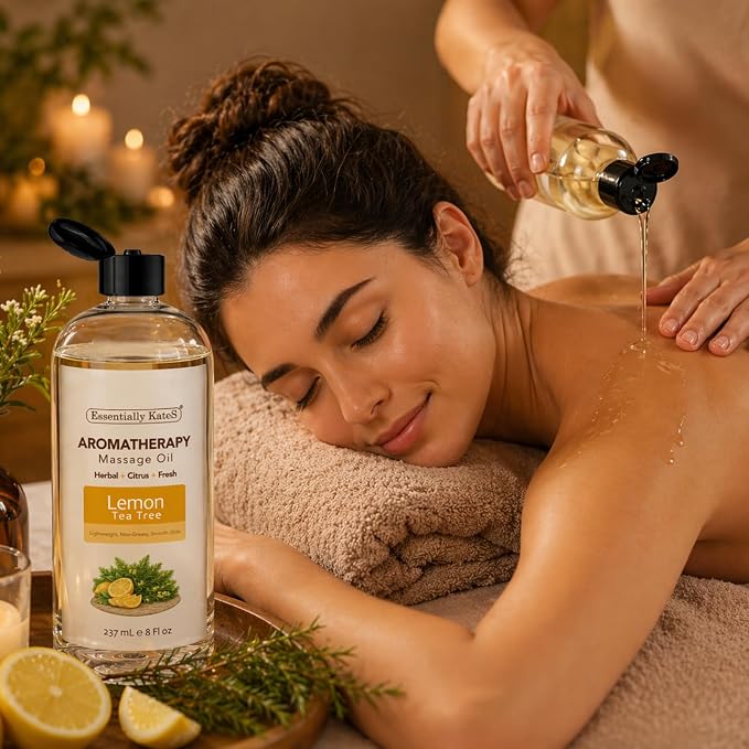 Aromatherapy Massage Oil – Tea Tree & Lemon – Lightweight, Non-Greasy Body Oil with Fractionated Coconut Oil – Fresh, Clean, Energizing – 8 fl oz