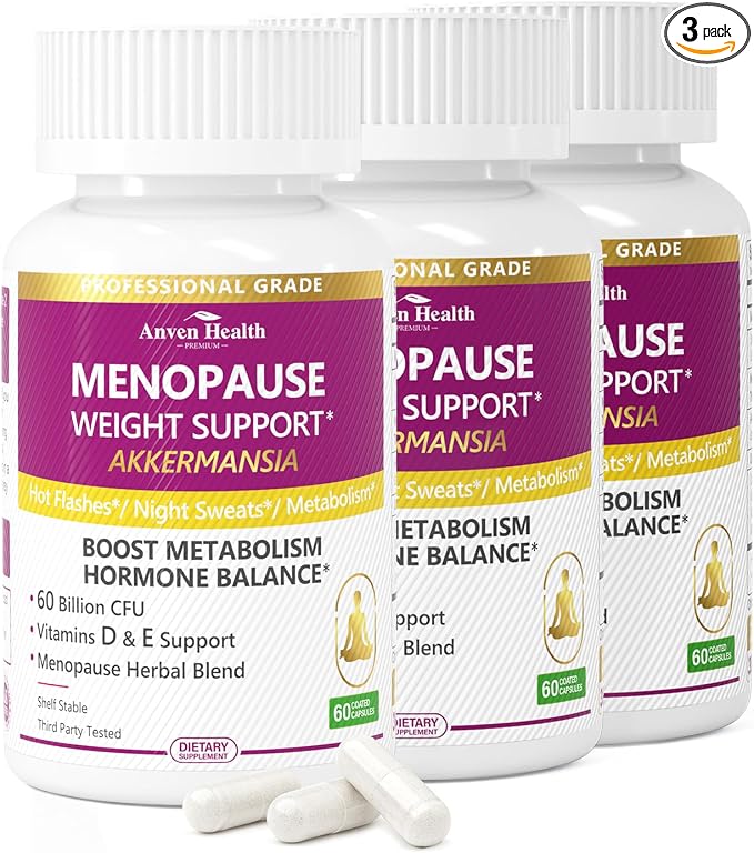 Menopause Relief Probiotics Akkermansia Hot Flashes 180 Caps | 60 Billion with Akkermansia Probiotic & Prebiotic, Vitamin D & E, Hormone Balance, Metabolism, Gut Health, Hot Flashes