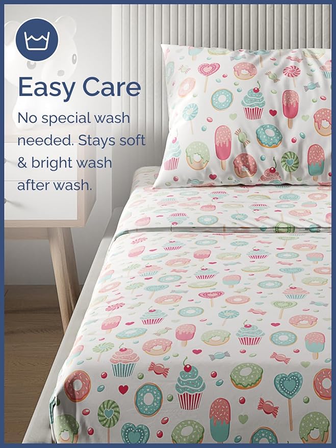Kids Queen Size Bed Sheet Set - 4 Piece Kids Loft Bed Sheets - Sweets Cupcake Pattern Bedding - Soft, Cute and Cozy - Breathable & Machine Washable - Lollipop Bed Set for Boys, Girls, Teens & Toddlers