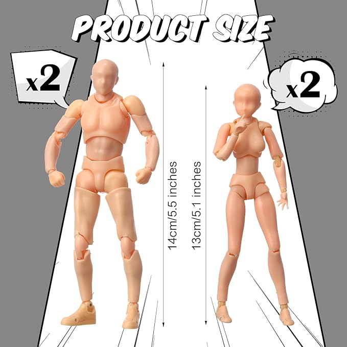 Meooeck 4 Sets Action Figures PVC Body Artists Model posable Drawing Mannequin for Painting, Sketching, Collection Gifts, Home Office Desk Decoration(Beige)