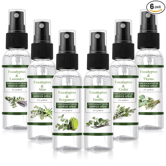 Frienda 6 Pack Eucalyptus Shower Spray with Essential Oils Portable Travel Eucalyptus Blends Mist Spray for Spa and Sauna Steam Room Aromatherapy for Women Teacher Staff Employee Thank You Gifts 2oz