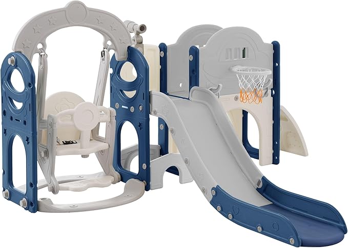 7-in-1 Kids Slide and Swing Set for Age 1-5 with Basketball Hoop Climbing Frame and Telescope,Indoor and Outdoor Playground Birthday Gifts for Boys Girls Grey+Blue