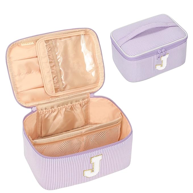 OCHEAL Makeup Bag Valentines Day Gifts for Women, Monogram Cosmetic Bag Purple Travel Makeup Case Beauty Toiletry Bag Organizer Personalized Gifts for Girls Bridesmaid, Sister, Wife, Friends Initial J