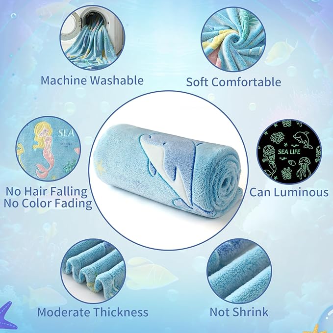 Glow in The Dark Blanket Mermaid Whale Gifts for Girls Boys,Soft Marine Life Blanket 3 4 5 6 7 8 9 10 Year Old Girl Gifts,Toddler Girls Toys Age 6-8,Valentine's Day Birthday Gifts Presents