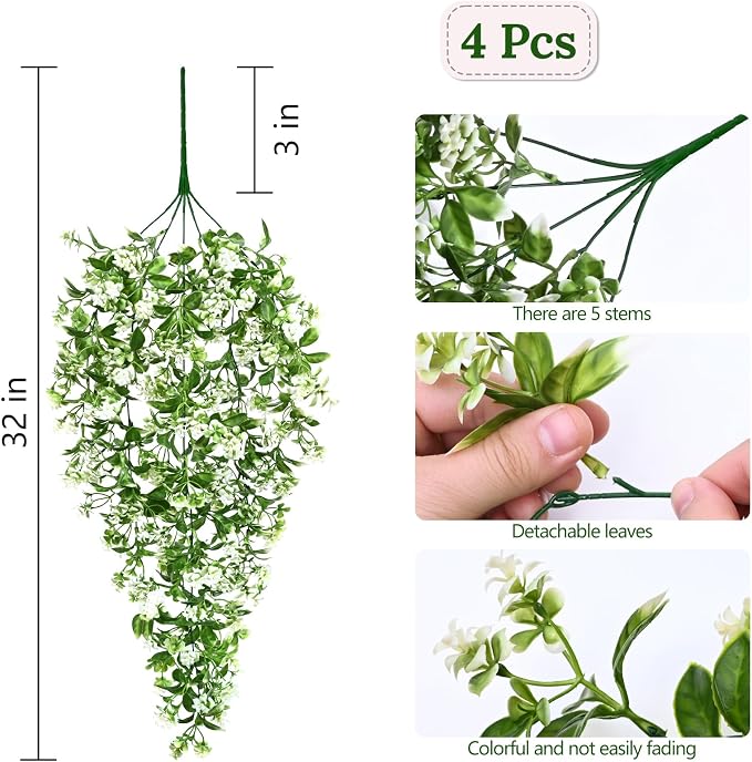 Waipfaru 4pcs Fake Hanging Plants, Faux Ivy Fake Vines Greenery | Artificial Hanging Flowers for Wall Home Bedroom Living Room Aesthetic Kitchen Office Aesthetic Kitchen Indoor Outdoor Decor