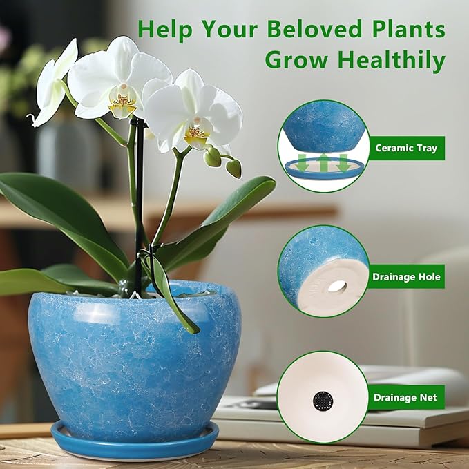 Ceramicfor 10 Inch Planter Pot - Ceramic Pots for Plants with Drainage Hole and Saucer, Round Large Flower Pot for Indoor Plants, Blue
