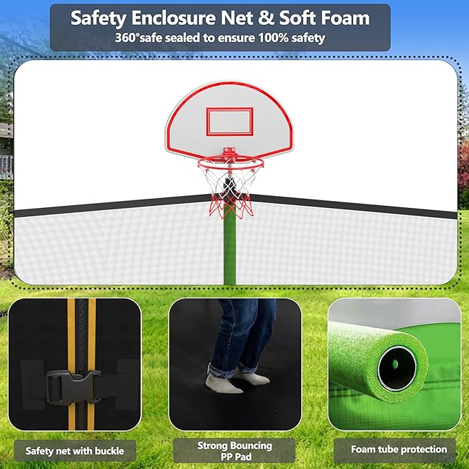 Lyromix Upgraded 16FT 15FT 14FT 12FT 10FT 8FT Trampoline Outdoor with Basketball Hoop and Net, Capacity for 4-6 Kids and Adults