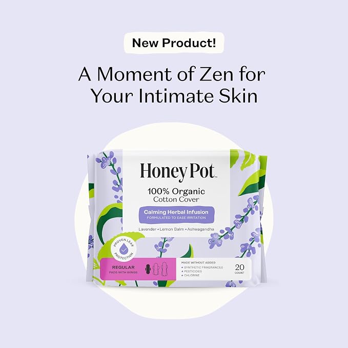 Honey Pot - Calming Herbal Regular Sanitary Pads for Women - 100% Organic Cotton Top Sheet - Feminine Care - Non Cooling - Calming Herbs of Lavender, Ashwagandha, & Lemon Balm - 80ct