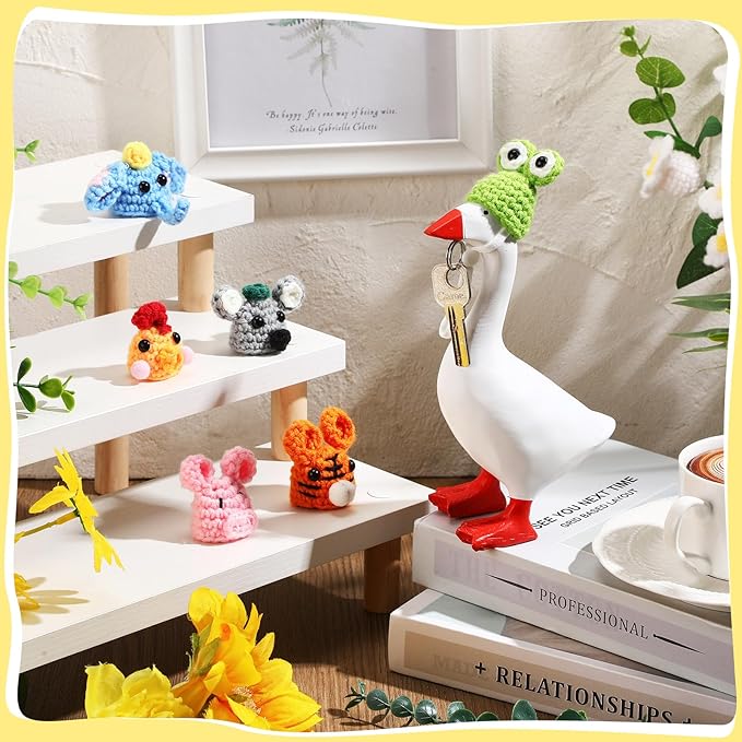 Geyoga 6 Pcs Mini Knitted Hats 7 Inch Goose Outfits Hat with Adjustable Strap Mini Porch Goose Headwear for Statue Key Holder