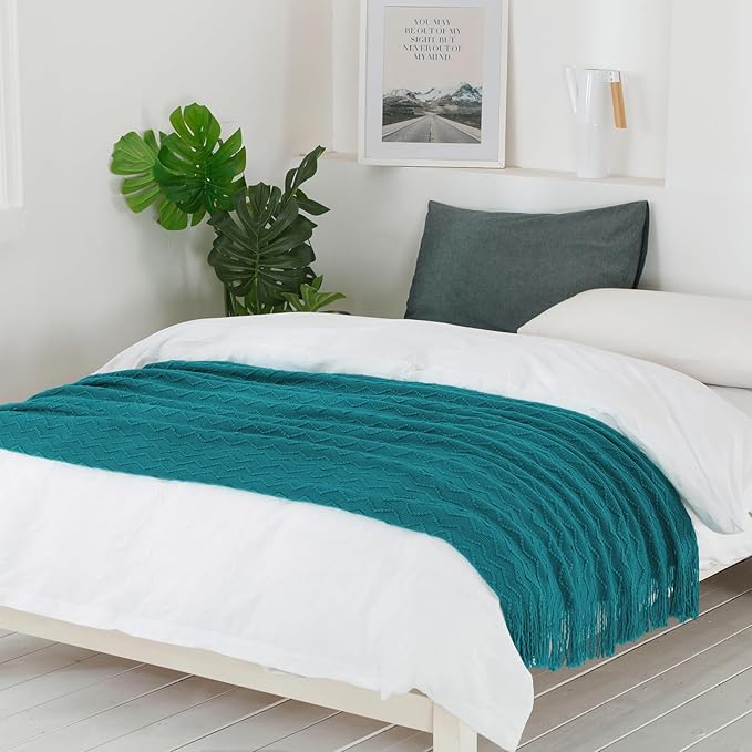 BOURINA Teal Throw Blanket 50x90 Inch Boho Knitted Soft Throw Sofa Blanket | Knitted Throw Blanket 50x90 Inches, Soft Lightweight Boho Weave Throw Decorative Couch Blanket for Living Room Bedroom Chair