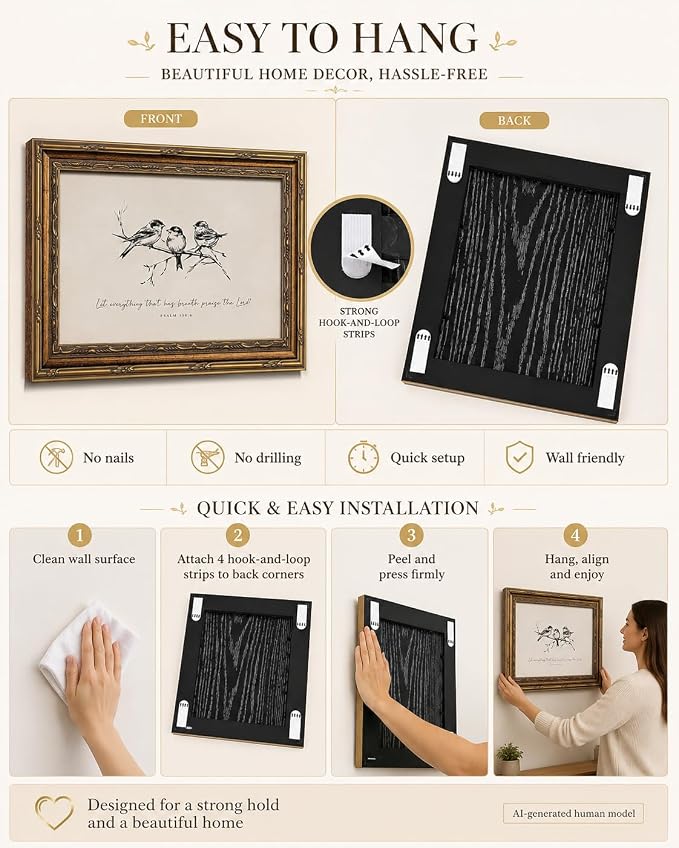 Vintage Gold Framed Bird Wall Art, Christian Bible Verse, 16 x 24 in | Sketch bird canvas with Christian scripture and vintage gold frame for living rooms, bedrooms, hallways, or prayer spaces.