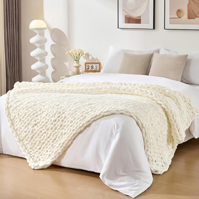 Bigacogo Chunky Knit Throw Blanket for Couch, 40x80 inches, Ivory | Hand Knit with Jumbo Chenille, Soft Breathable Cable Knit for Sofa Bed Living Room, Machine Washable, Gift for Mom Friend