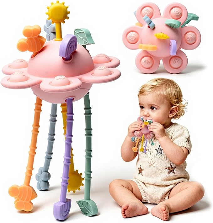 Little Rawr Silicone Baby Sensory Montessori Toys & Pull String Teething Toys for 18 M+, Toddler Birthday Gift Car Seat Airplane Travel Toy for 1 2 Year Old Boy Girl Infant 18 Months Old (Pink)
