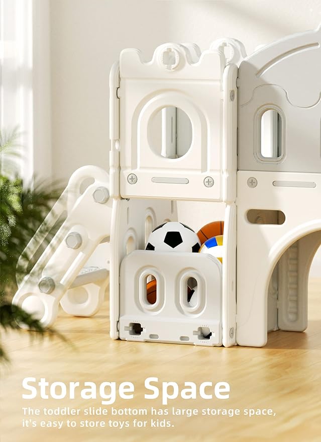 Glaf Toddler Slide 8 in 1 Indoor Playground for Toddlers 1-3 Outdoor Playset Kids Slides for Backyard Baby Slide Climber Slides with Telescope Basketball Hoop Tunnel and Ball (Grey)