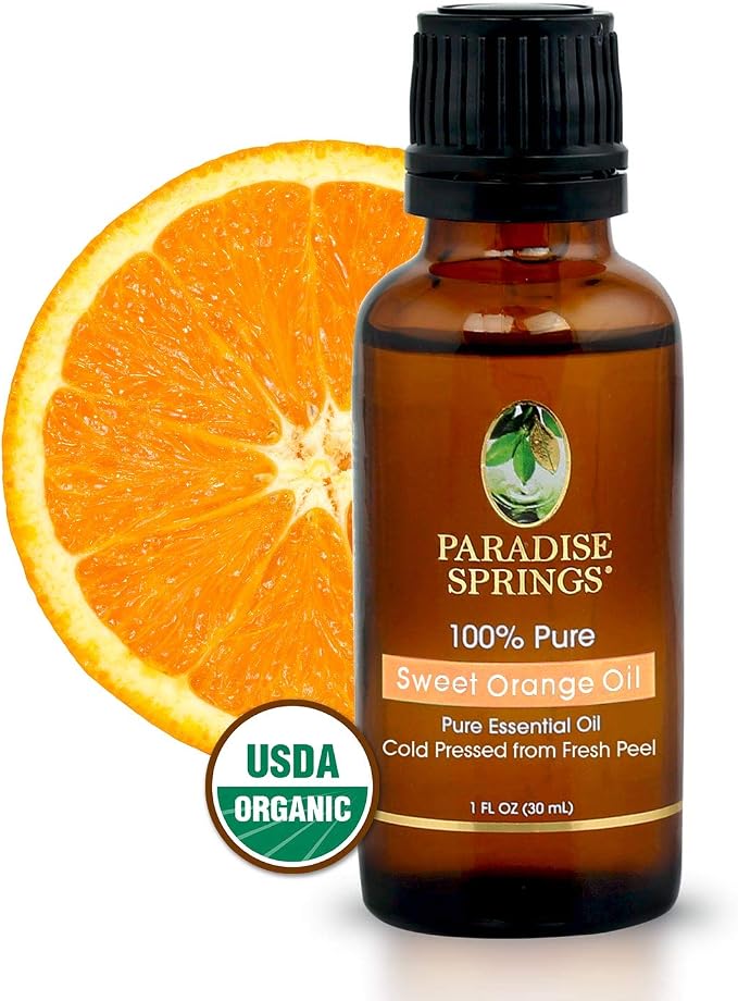 Paradise Springs Organic Sweet Orange Essential Oil, 100% Pure and Natural Organic Sweet Orange Essential Oil for Diffusers for Home Aromatherapy, Massage, Humidifiers, 1fl oz (30ml)