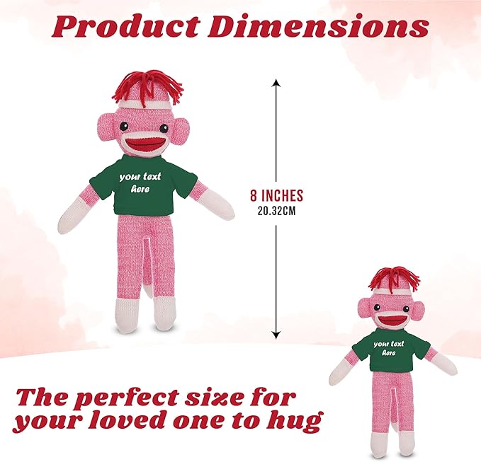Personalized Huggable Pink Sock Monkey 8 Inch Plush Stuffed Animal Gift - Custom Text on Shirt - Perfect for Halloween Day Valentine's Day Graduation Day Birthday Present (Forest)